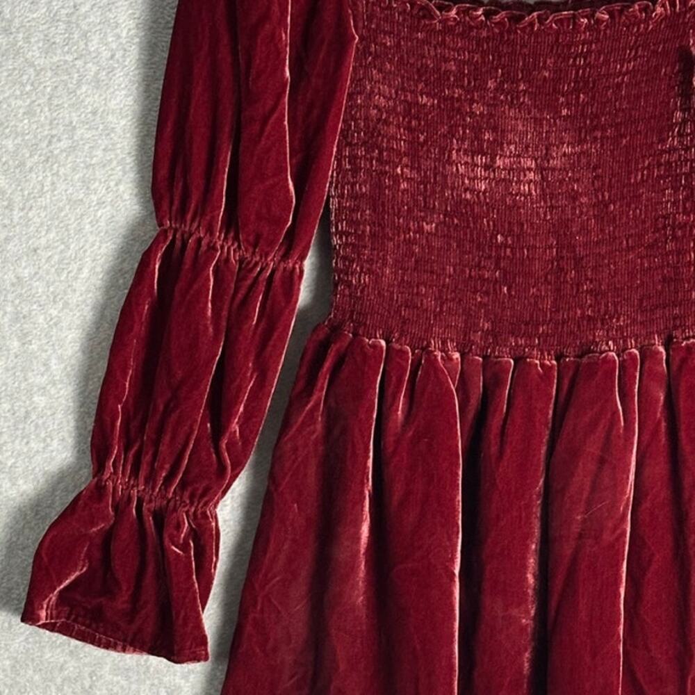 o.p.t. Sz XS Hasher Smocked Velvet Mini Dress Gathered Bell‎ Sleeve Square Neck - Picture 12 of 15